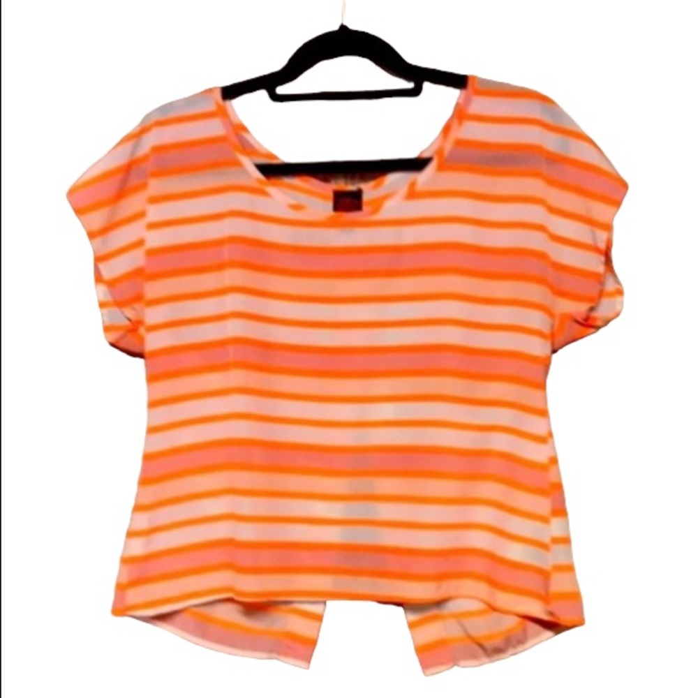2b bebe neon orange & white striped blouse with deep neckline. Small (Sum244)